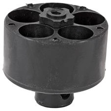 Black plastic round hydraulic component with multiple ports.