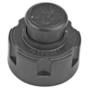 Black car gas cap with logo and patent text.