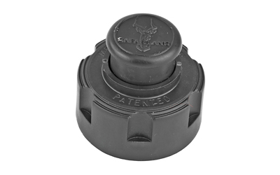 Black car gas cap with logo and patent text.