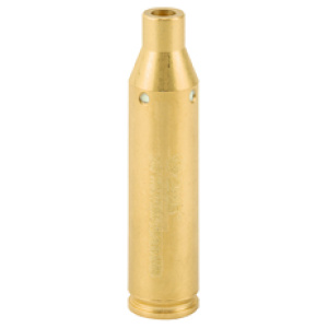 Brass laser bore sight cartridge for firearm alignment.