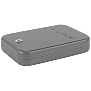 Gray lockbox with security keyhole, closed lid.