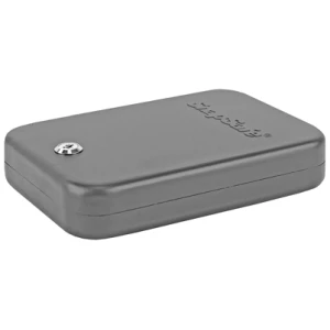 Gray lockbox with security keyhole, closed lid.