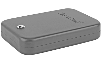 Gray lockbox with security keyhole, closed lid.