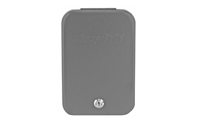 Gray wall-mounted lockbox with key access.