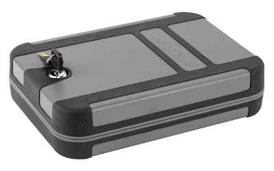 Gray and black lockbox with key inserted