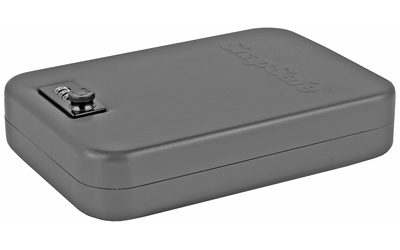 Gray metal lockbox with latch on corner