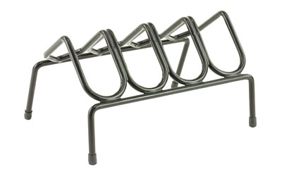 Metal multi-slot bike rack on white background