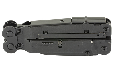 Black folding multi-tool closed on white background