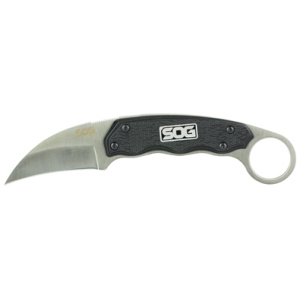 Curved tactical knife with black handle and ring