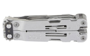 Closed stainless steel multi-tool on white background