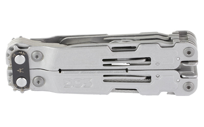 Closed stainless steel multi-tool on white background