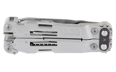 Silver SOG multi-tool folded on white background