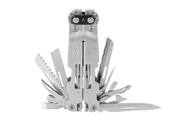 Silver multitool with multiple tools extended