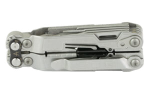 Folded stainless steel multi-tool on white background