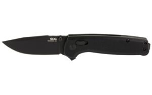 Black SOG folding knife on white background
