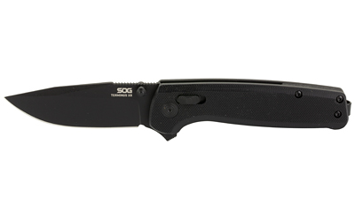 Black SOG folding knife on white background