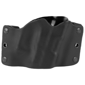 Black plastic gun holster with button details.