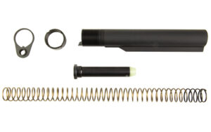 Rifle buffer tube assembly components laid out