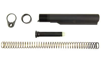 Rifle buffer tube assembly components laid out