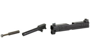 Disassembled handgun slide, barrel, and recoil spring