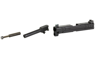Disassembled handgun slide, barrel, and recoil spring