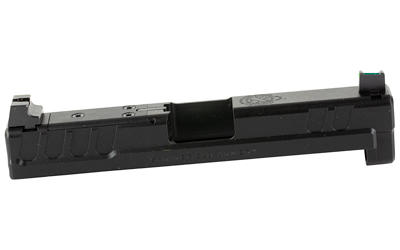 Black semi-automatic pistol slide on white background