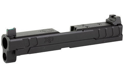 Black pistol slide with front and rear sights