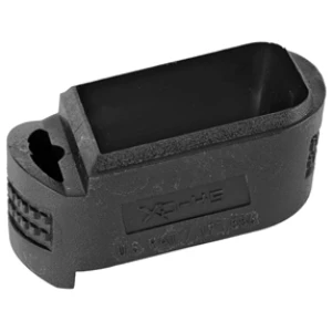 Black polymer firearm magazine extension piece.