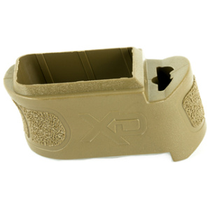 Tan grip extension for enhanced firearm handling.