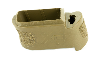 Tan grip extension for enhanced firearm handling.