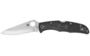Black-handled folding pocket knife with silver blade