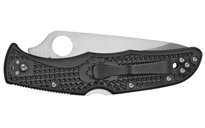 Black folding pocket knife with textured handle