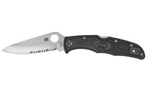 Partially serrated folding knife with black handle