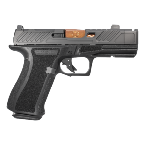 Black semi-automatic handgun with copper barrel detail