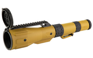 Yellow rifle scope with flip-up lens cover