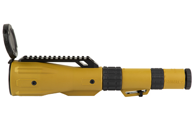 Yellow handheld flashlight with hinged lens cover