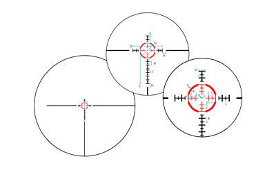Three rifle scope reticles with crosshair markings