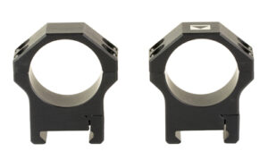 Two black metal scope rings on white background