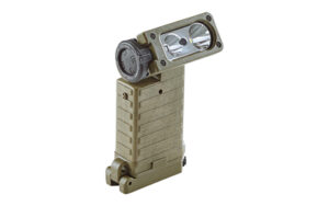Military-style tactical flashlight device on white background