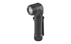 Black angled-head tactical flashlight on white background