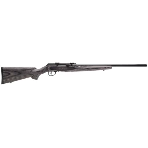 Wooden bolt-action rifle with black barrel