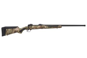 Camouflage hunting rifle on white background.