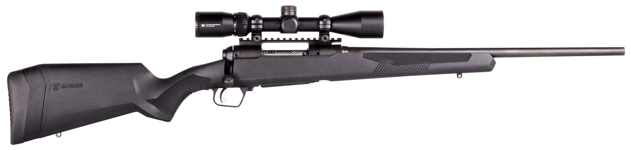 Black hunting rifle with scope on white background.