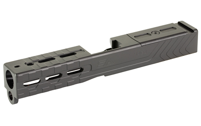 Black handgun slide with barrel opening