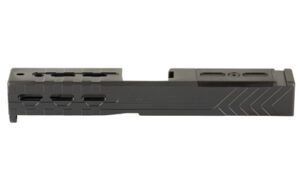Black metal firearm slide with angled serrations