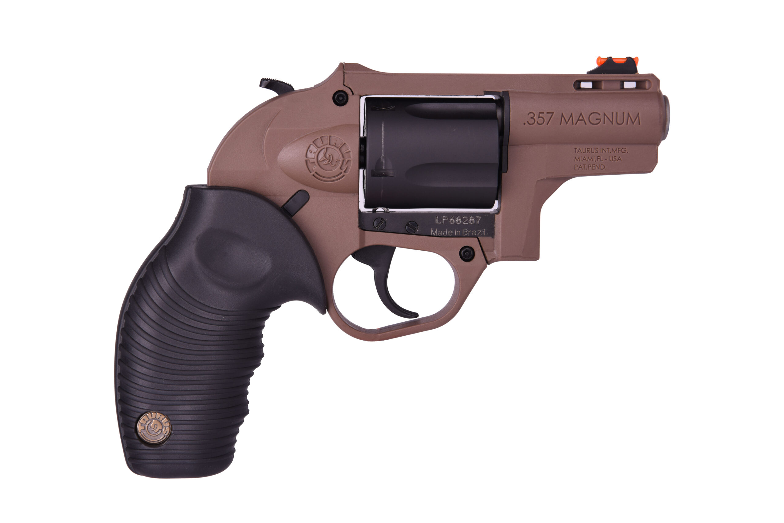 Taurus .357 Magnum revolver, brown and black design.