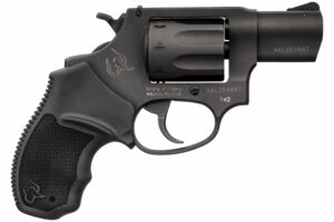 Black revolver on white background