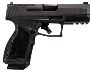 Black modern handgun side view on white background.