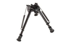 Adjustable rifle bipod with spring-loaded legs.