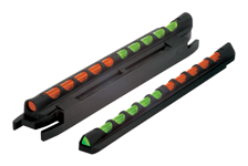 Rifle sights with red and green fiber optics.